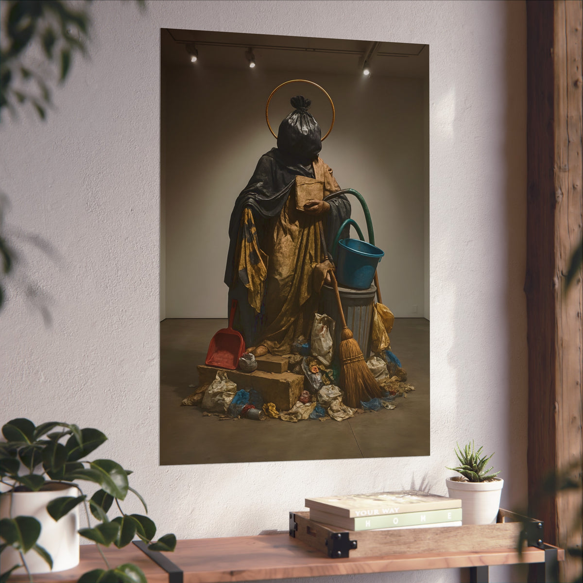 A robed figure with a garbage bag head and gold halo holding a broom. The Custodian Enthroned by Garabaggio, fine art print hanging in a room.