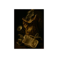 A paper bag, crushed bottle and foil tray lit against deep darkness. Reliquary of the Takeout by Garabaggio, fine art print, 12″ x 16″.