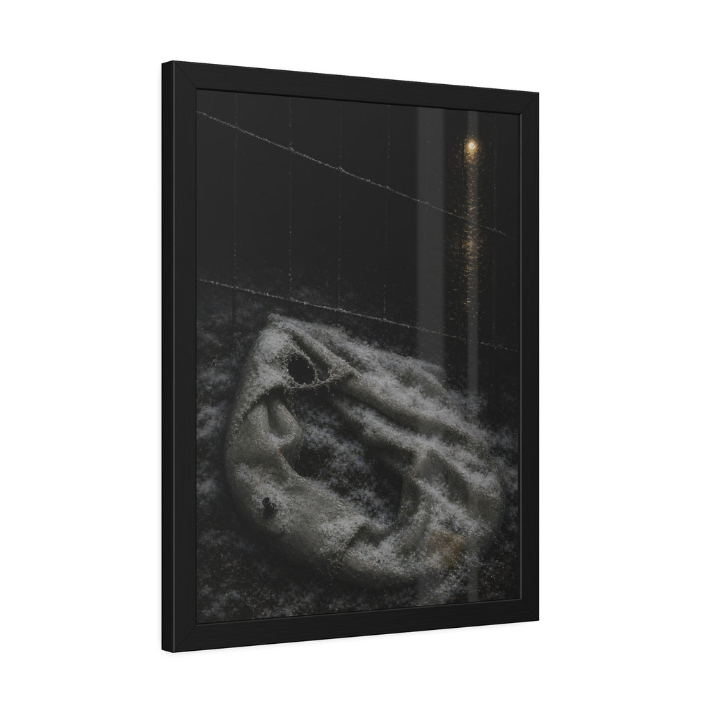 A deflated pool float under snow beside a chain link fence at night. The Bleaching Under Snow by Garabaggio, framed fine art print hanging in a room.