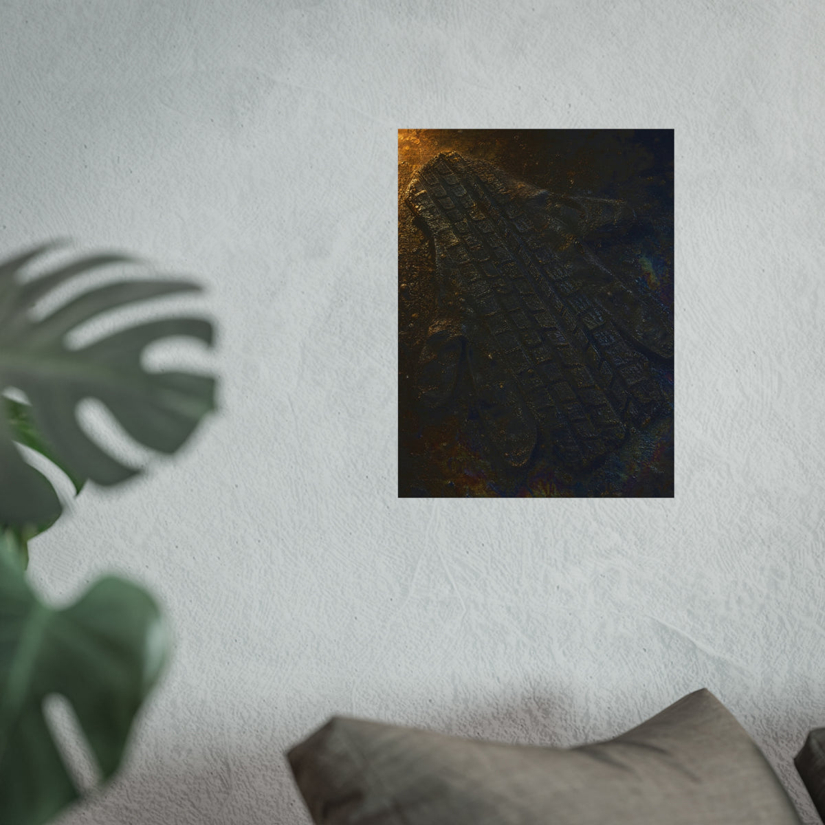 A flattened work glove on asphalt with a tire tread pressed across it. The Passage of the Wheel by Garabaggio, fine art print hanging in a room.
