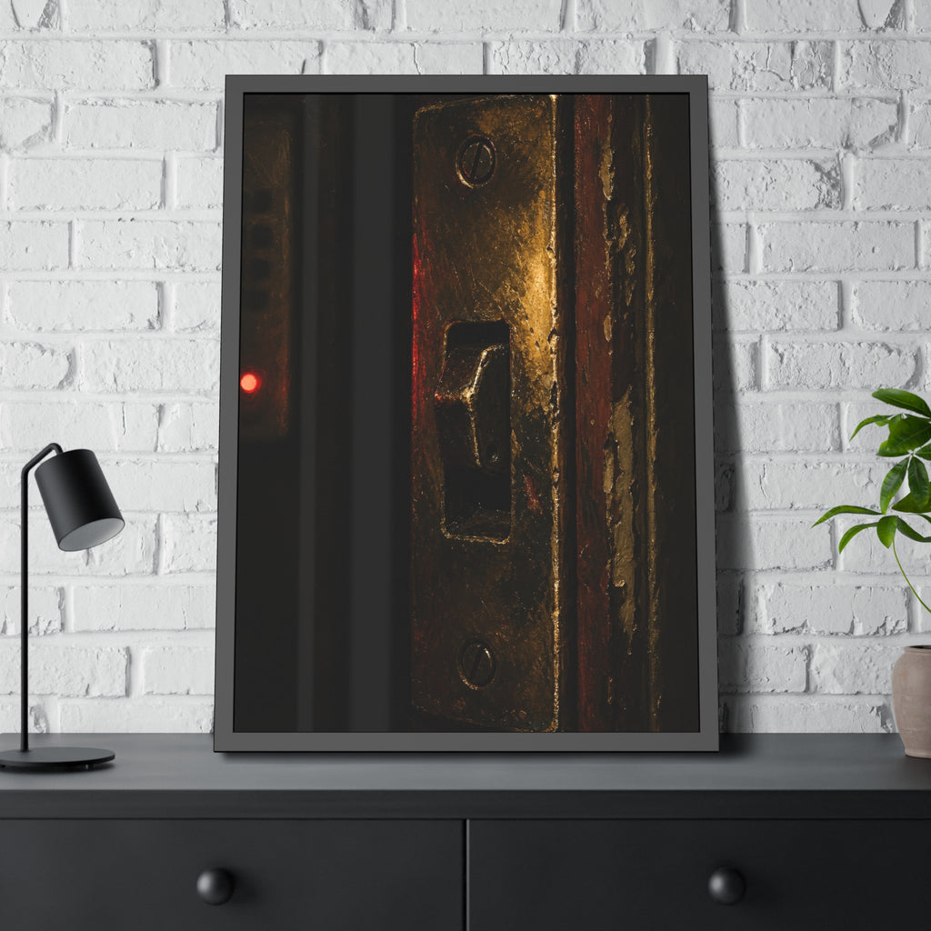 A brass door latch beside an intercom with a small red light. The Door Does Not Release by Garabaggio, framed fine art print hanging in a room.