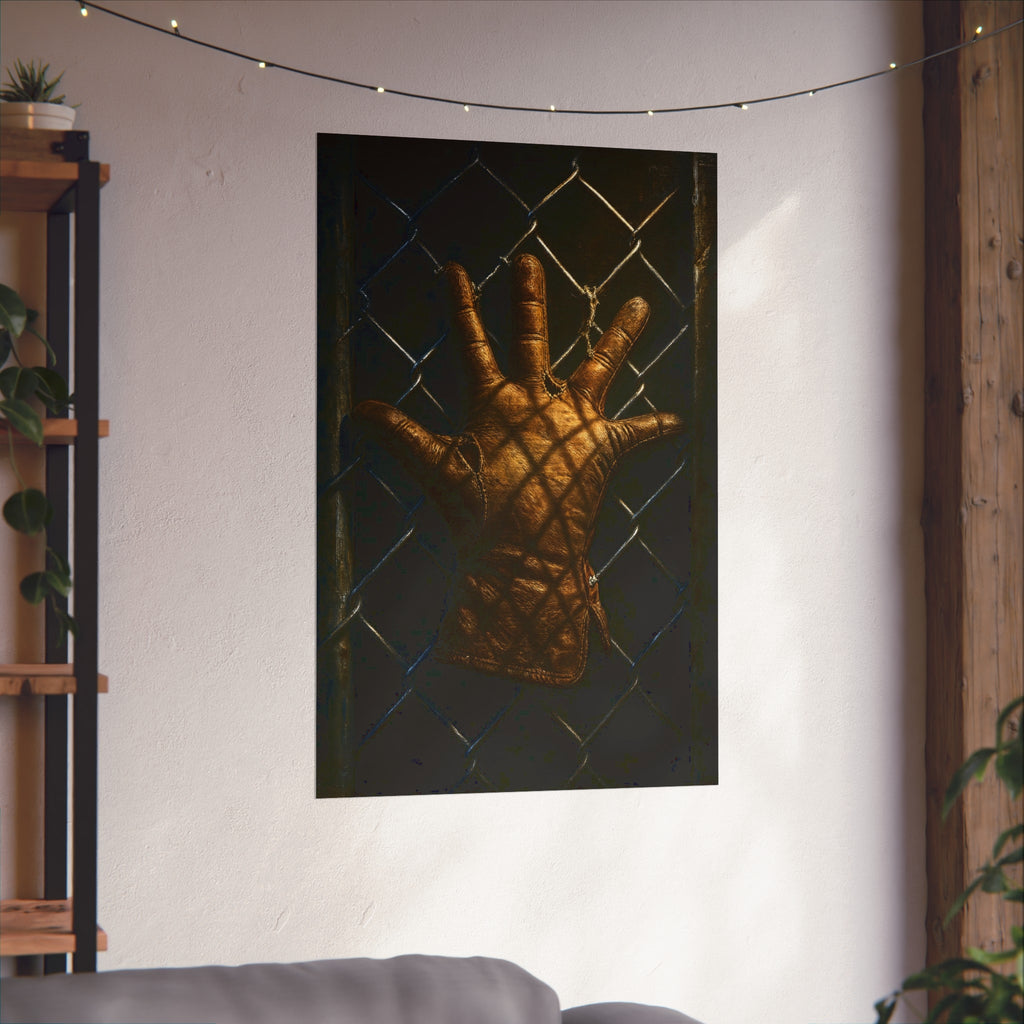 A worn leather glove caught fingers up on a dark chain-link fence. The Crucifixion on Chain-Link by Garabaggio, fine art print hanging in a room.