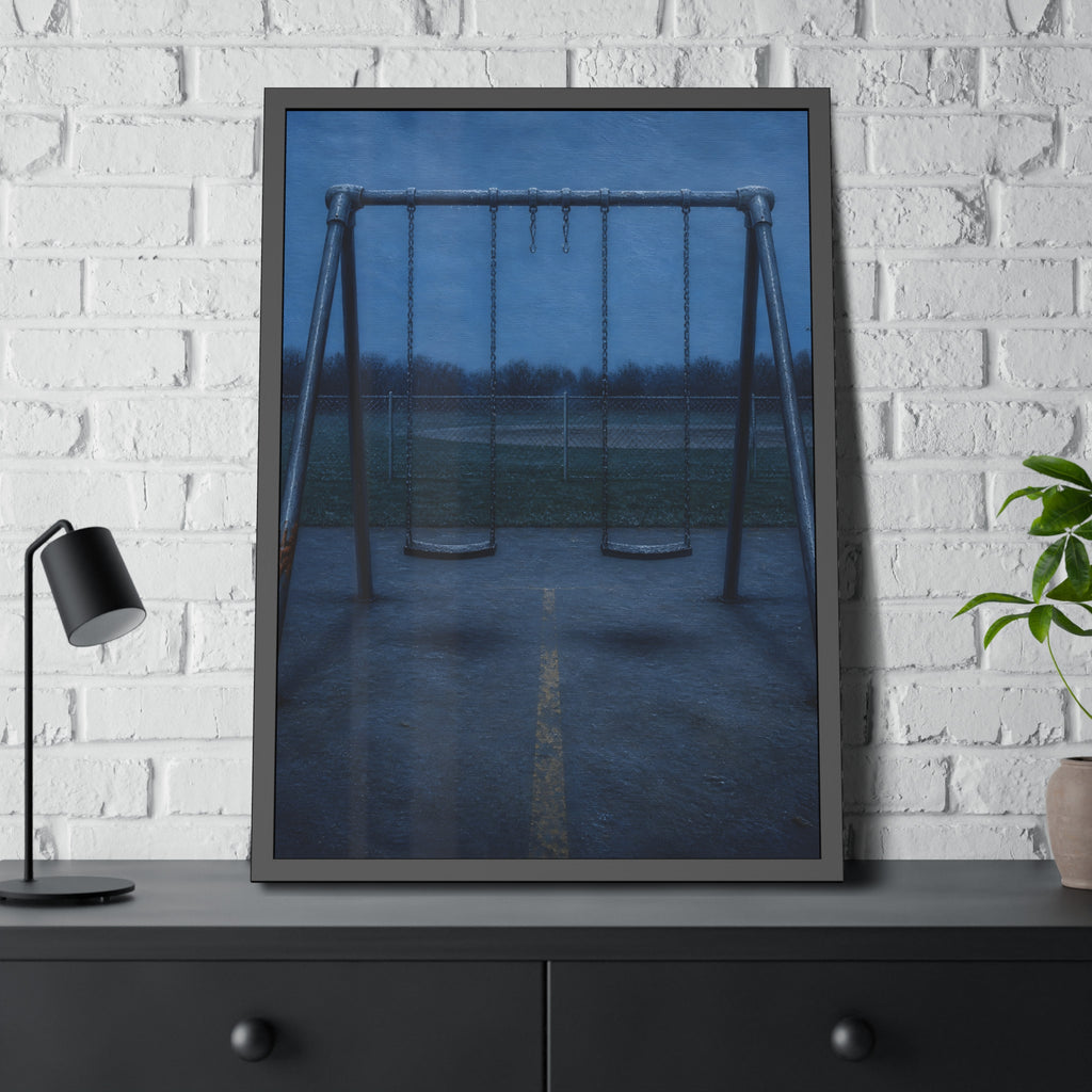 A swing set at dusk with two seats hanging straight. The Sixth Hour: The Seat Hanging Straight by Garabaggio, framed fine art print hanging in a room.