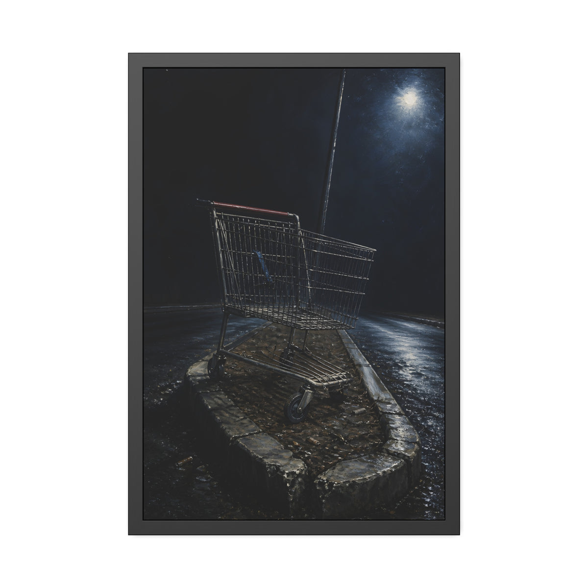A shopping cart stranded on a stone median under a streetlight. The Crossing of the Median by Garabaggio, framed fine art print, 24″ x 36″.