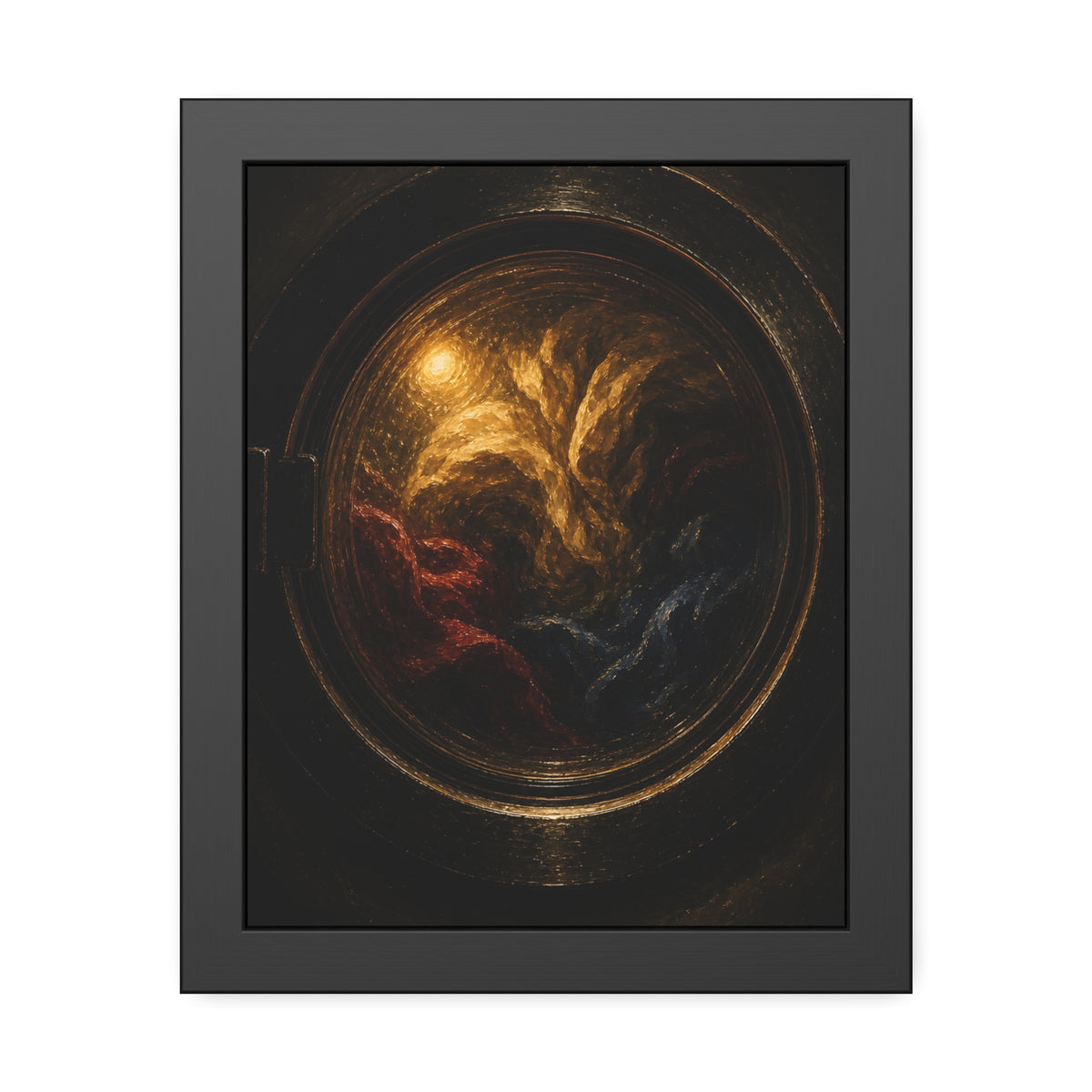 Colored laundry tumbling behind a round washer window in the dark. The Rose Window Turning by Garabaggio, framed fine art print, 11″ x 14″.