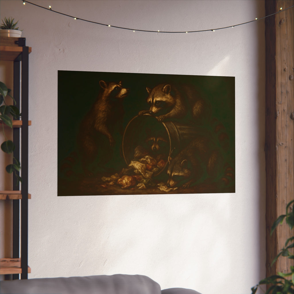 Four raccoons around a tipped metal trash can spilling food scraps. The Crowning with Crumbs by Garabaggio, fine art print hanging in a room.