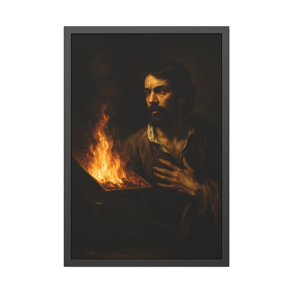 Man with a hand flat on his chest looking toward a low burning bin. Self-Portrait with Oath by Garabaggio, framed fine art print hanging in a room.