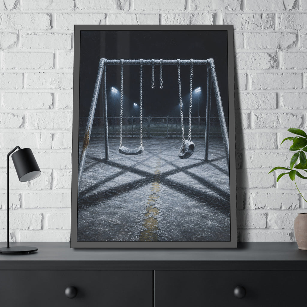 A frost covered swing set on empty asphalt under distant floodlights. The Third Hour: The Coldest Part by Garabaggio, framed fine art print hanging in a room.