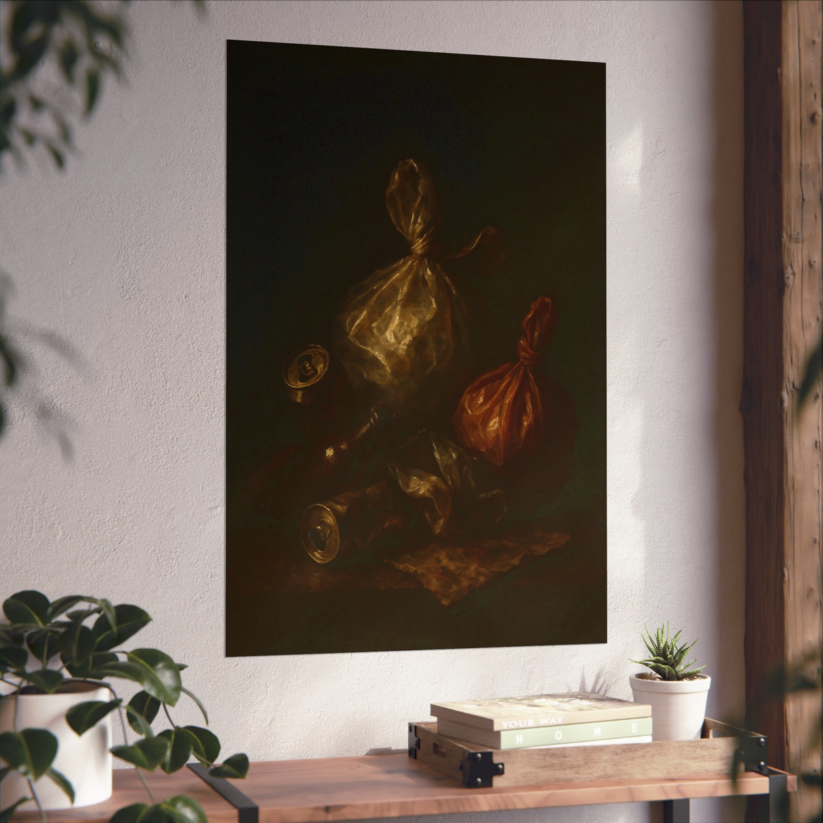 Two knotted plastic bags and crushed cans on a dark table. The Knotted Offering by Garabaggio, fine art print hanging in a room.