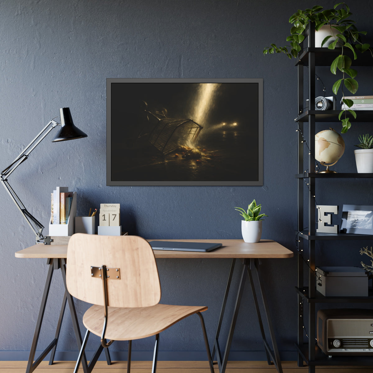 A tipped shopping cart spilling groceries in a shaft of light. The Conversion of the Shopping Cart by Garabaggio, framed fine art print hanging in a room.