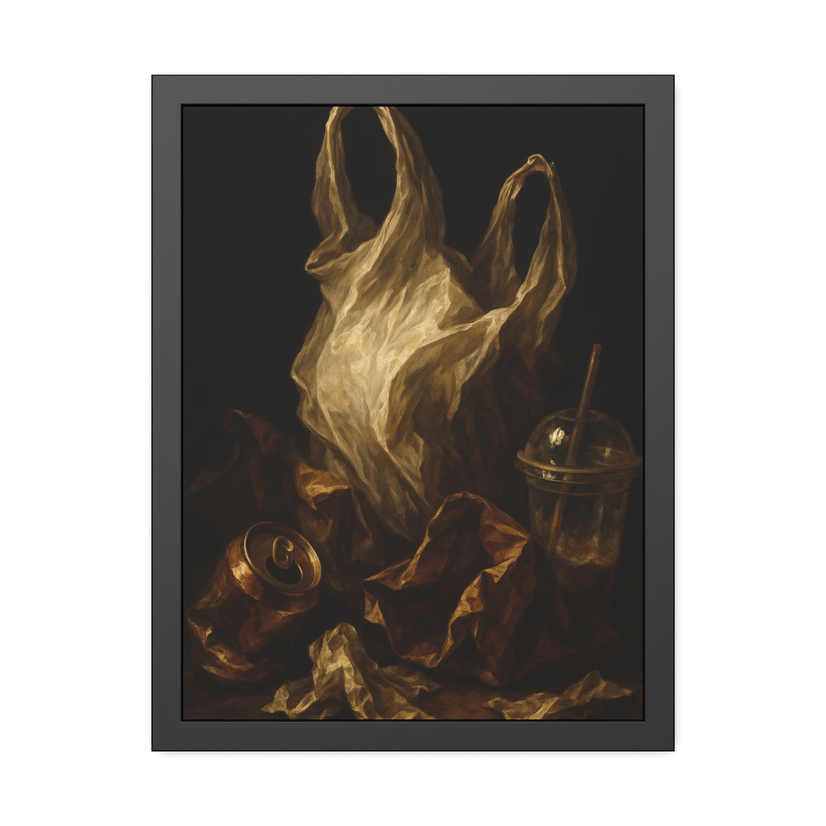 A plastic bag held open above a crushed can and a plastic cup with straw. The Apparition of the Bag by Garabaggio, framed fine art print hanging in a room.