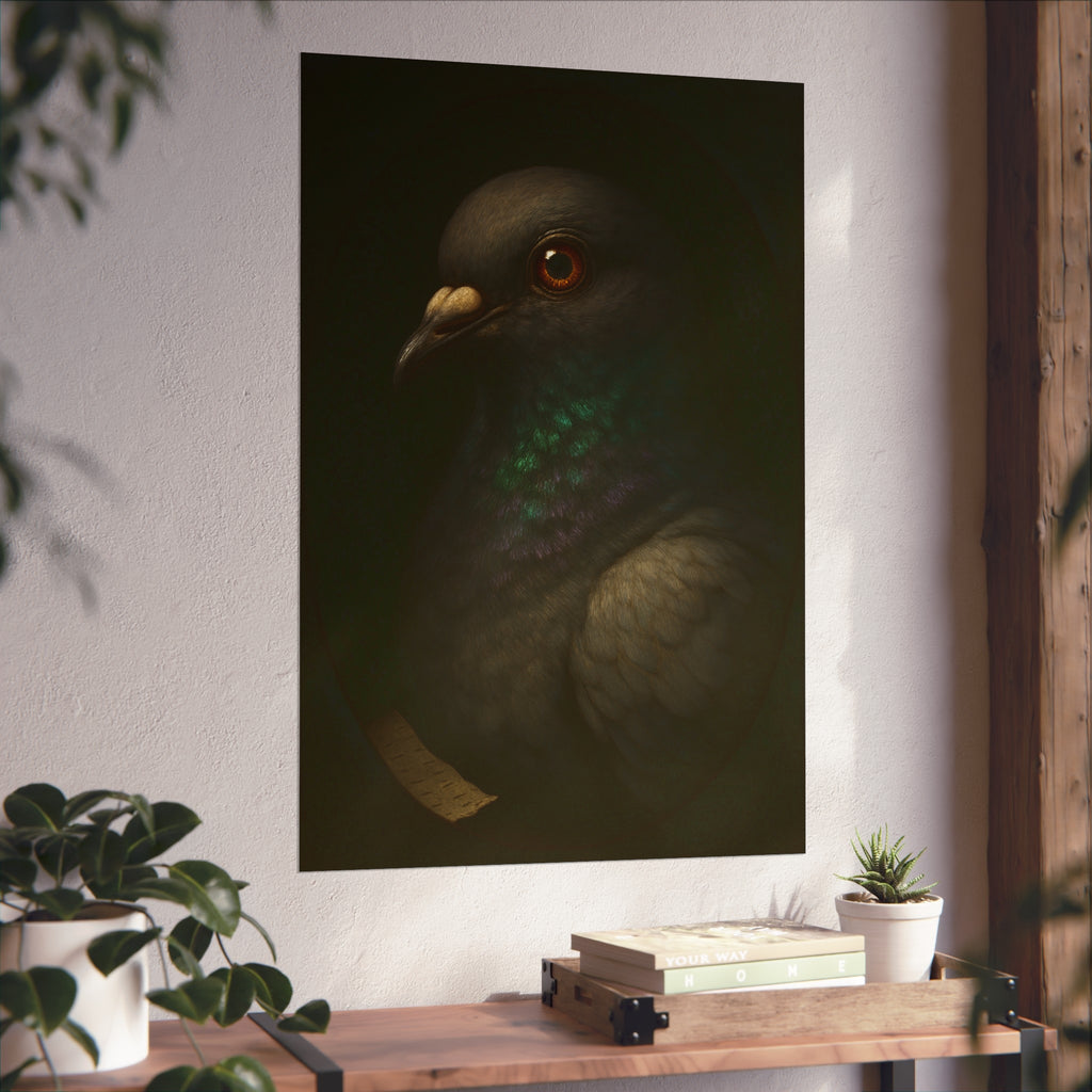 Close portrait of a pigeon with an iridescent green throat. Study of the Holy Messenger, No. 1 by Garabaggio, fine art print hanging in a room.