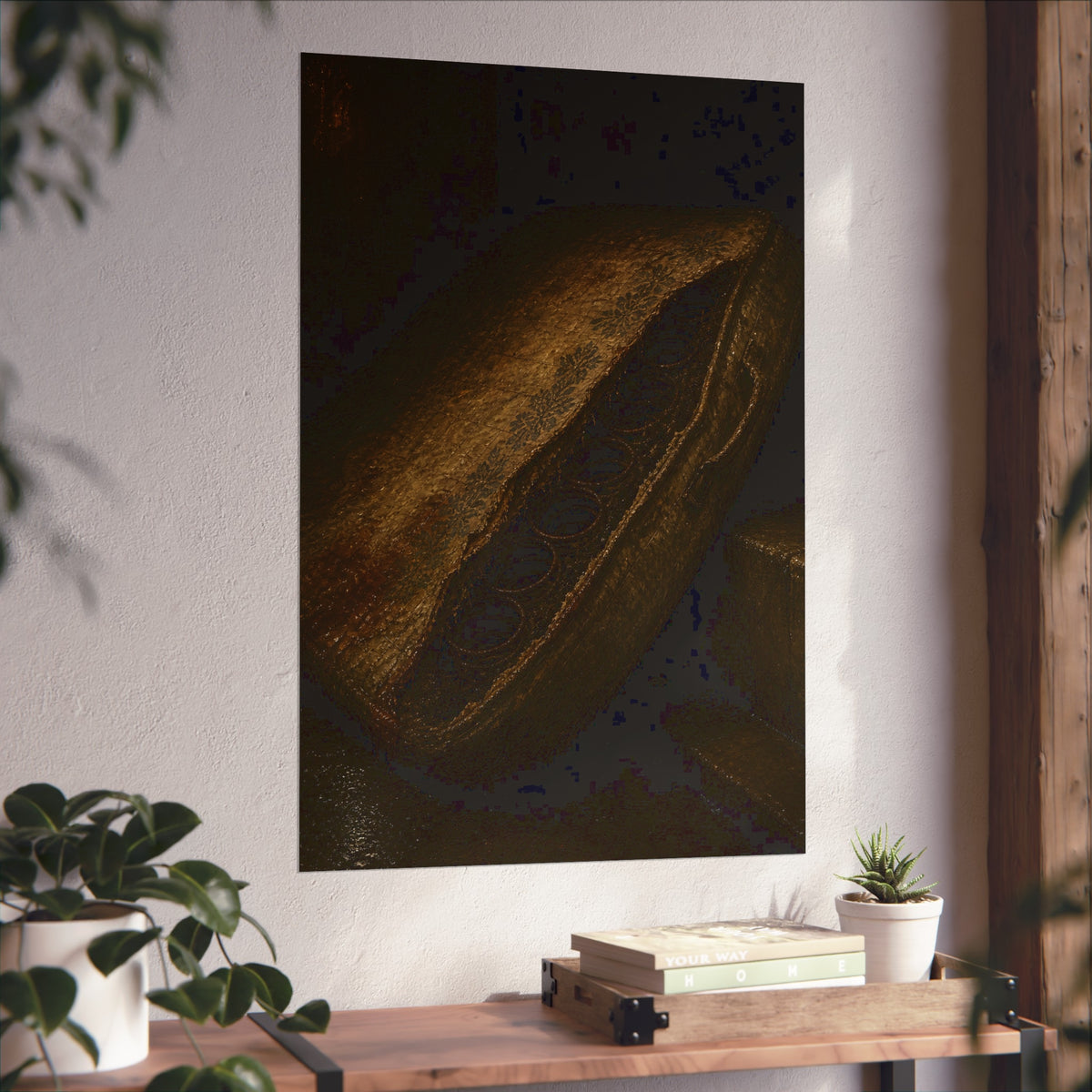 A torn mattress propped on its side, coil springs showing through the split. The Showing of the Springs by Garabaggio, fine art print hanging in a room.