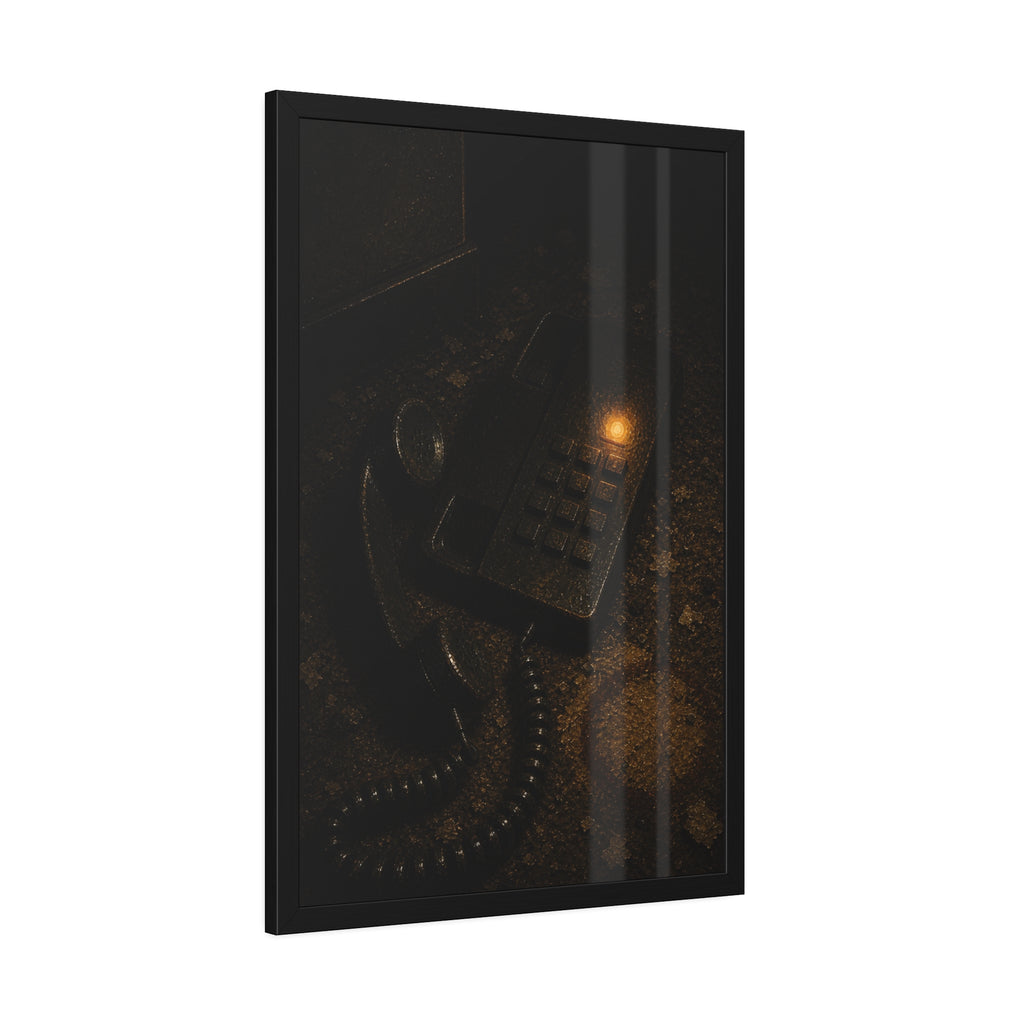 A desk phone with the handset off the hook and one amber light glowing. The Line Still Rings by Garabaggio, framed fine art print hanging in a room.