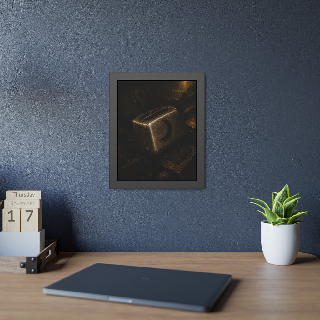 A scorched toaster resting on a heap of scrap appliances in dim light. The Arrival at Scrap by Garabaggio, framed fine art print hanging in a room.