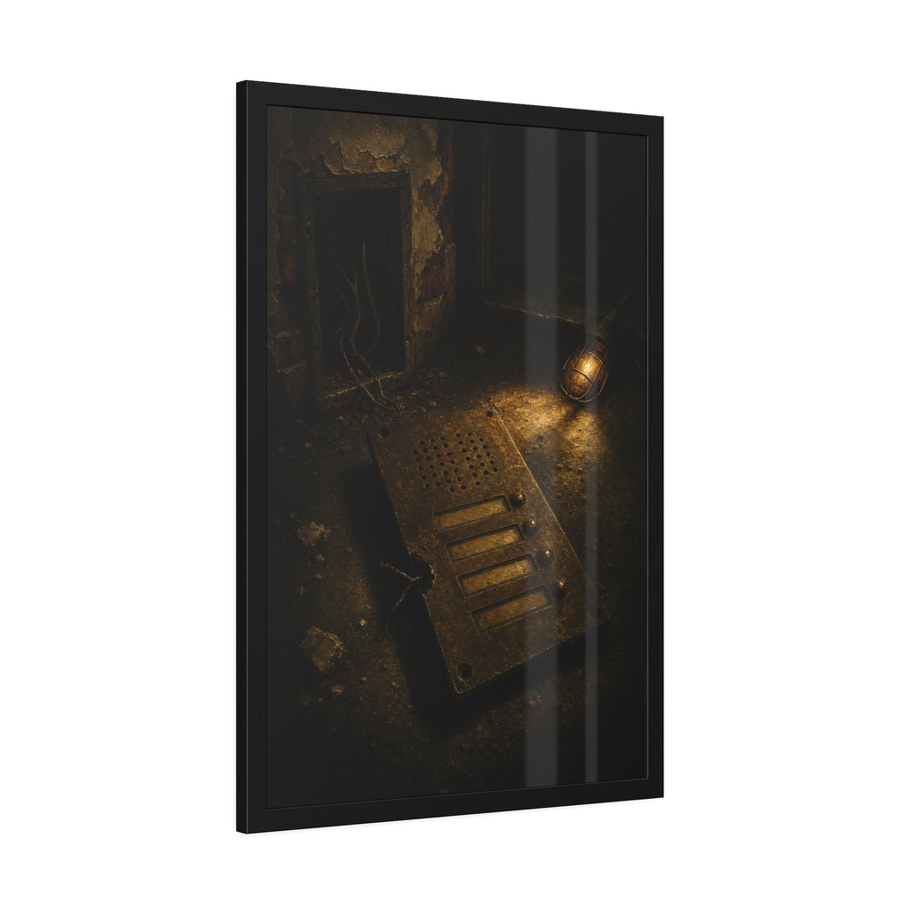 An intercom panel face up on a floor, wires cut, lit by a work lamp. The Plate Taken Down by Garabaggio, framed fine art print hanging in a room.