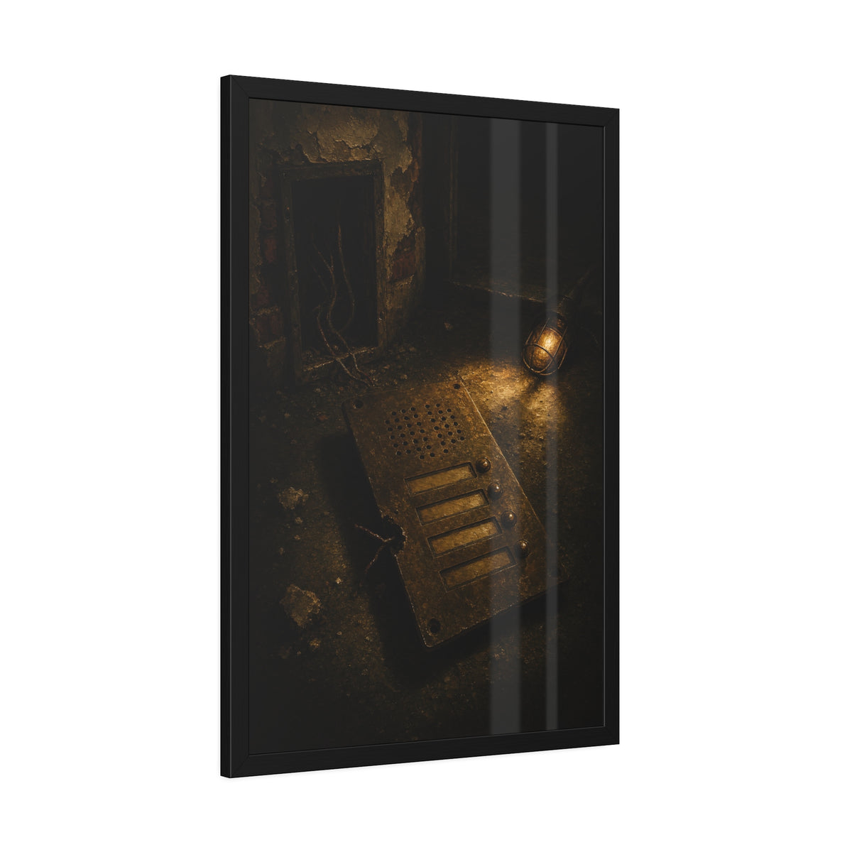 An intercom panel face up on a floor, wires cut, lit by a work lamp. The Plate Taken Down by Garabaggio, framed fine art print hanging in a room.