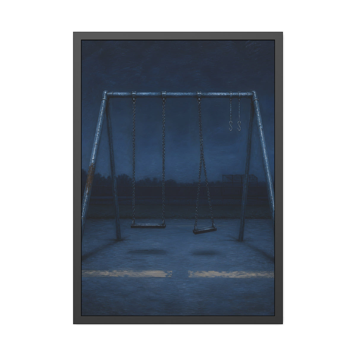 A swing set with two seats and two bare hooks in blue predawn light. The Fifth Hour: The Blue Before by Garabaggio, framed fine art print, 28″ x 40″.