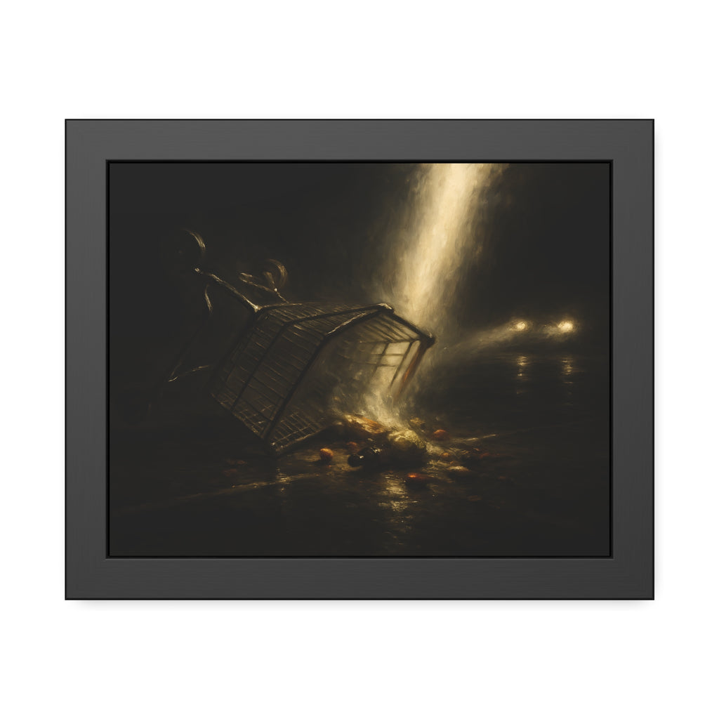 A tipped shopping cart spilling groceries in a shaft of light. The Conversion of the Shopping Cart by Garabaggio, framed fine art print, 14″ x 11″.