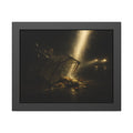 A tipped shopping cart spilling groceries in a shaft of light. The Conversion of the Shopping Cart by Garabaggio, framed fine art print, 14″ x 11″.