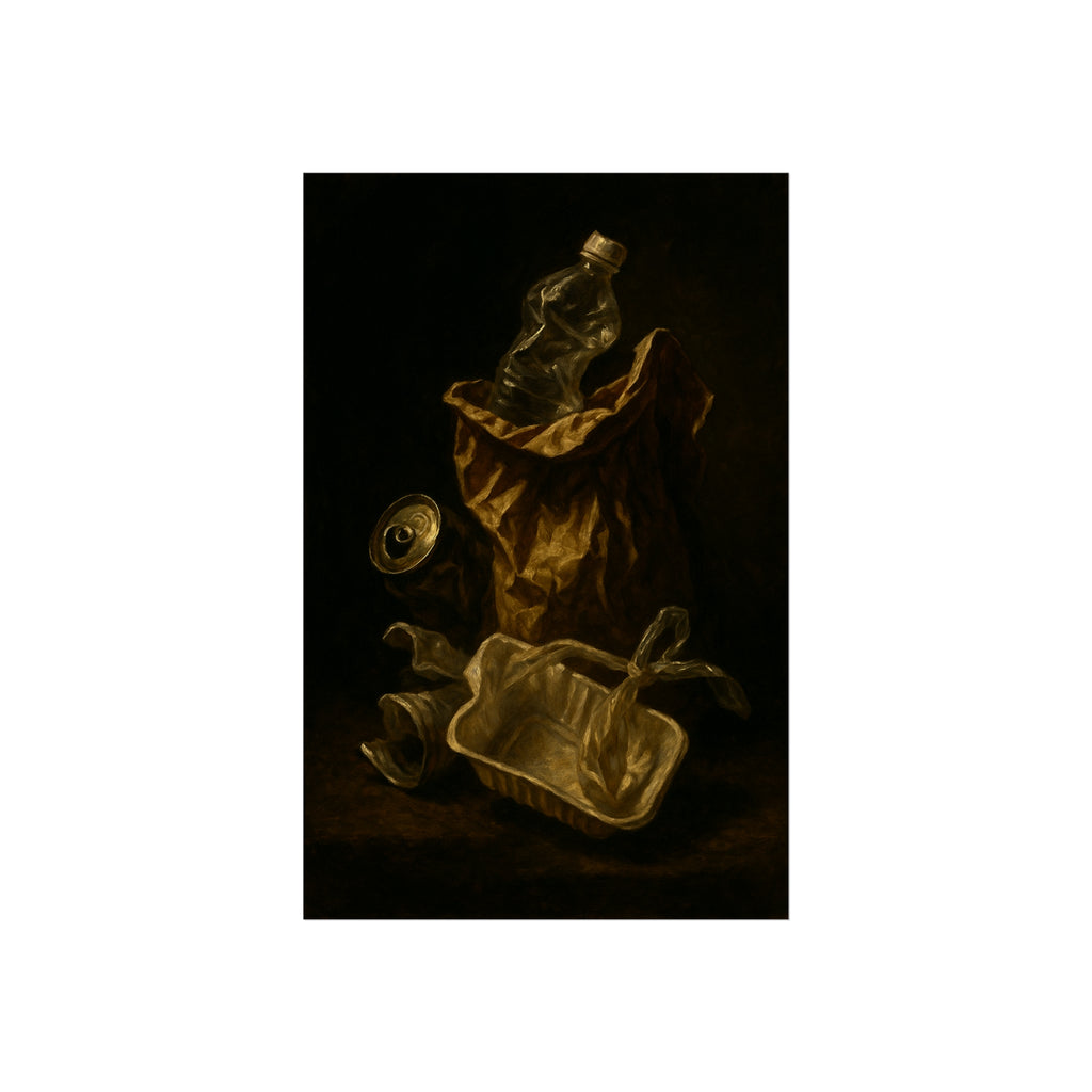 A paper bag, crushed bottle and foil tray lit against deep darkness. Reliquary of the Takeout by Garabaggio, fine art print hanging in a room.