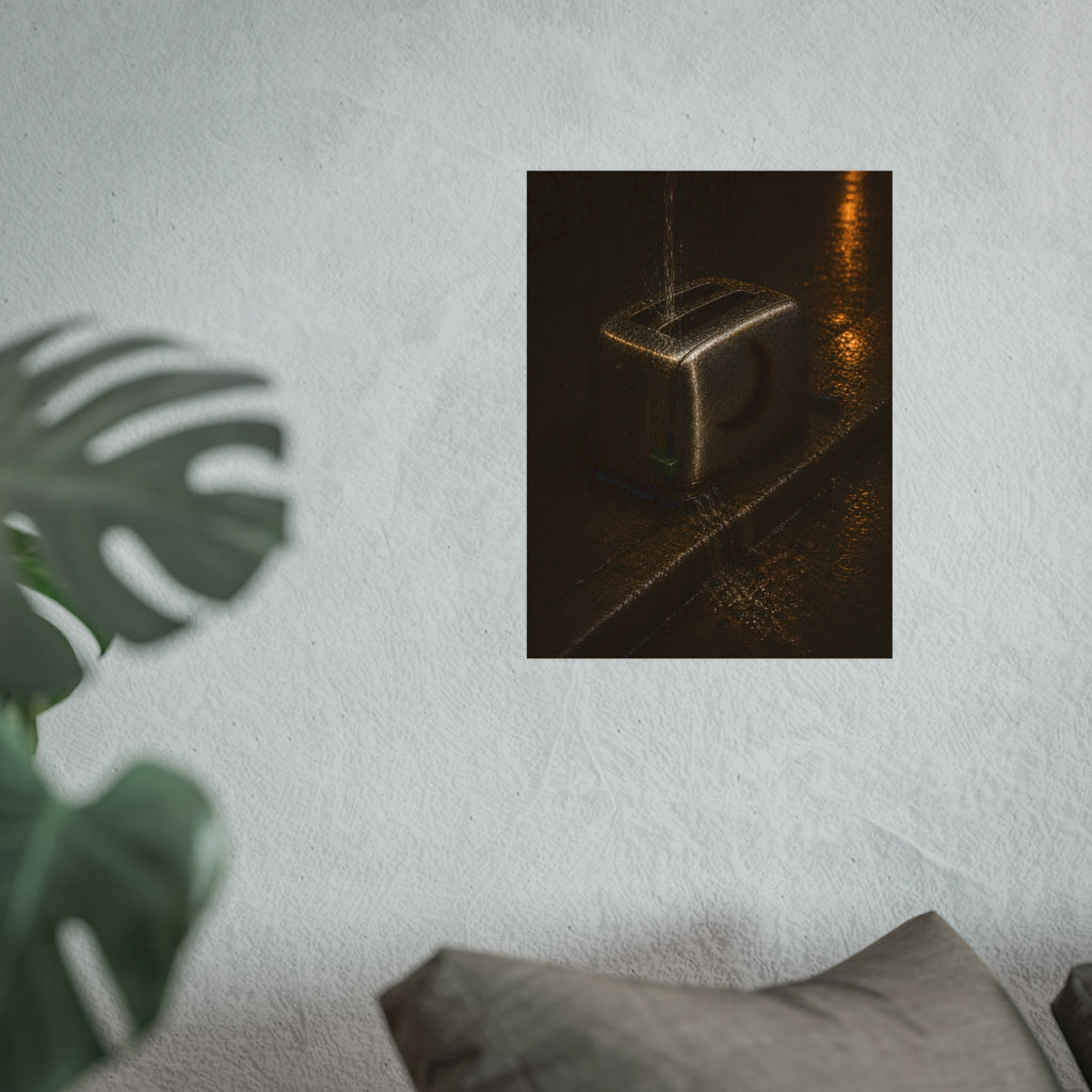 A toaster on a wet curb with water pouring into its slots. Rain Through the Slots by Garabaggio, fine art print hanging in a room.