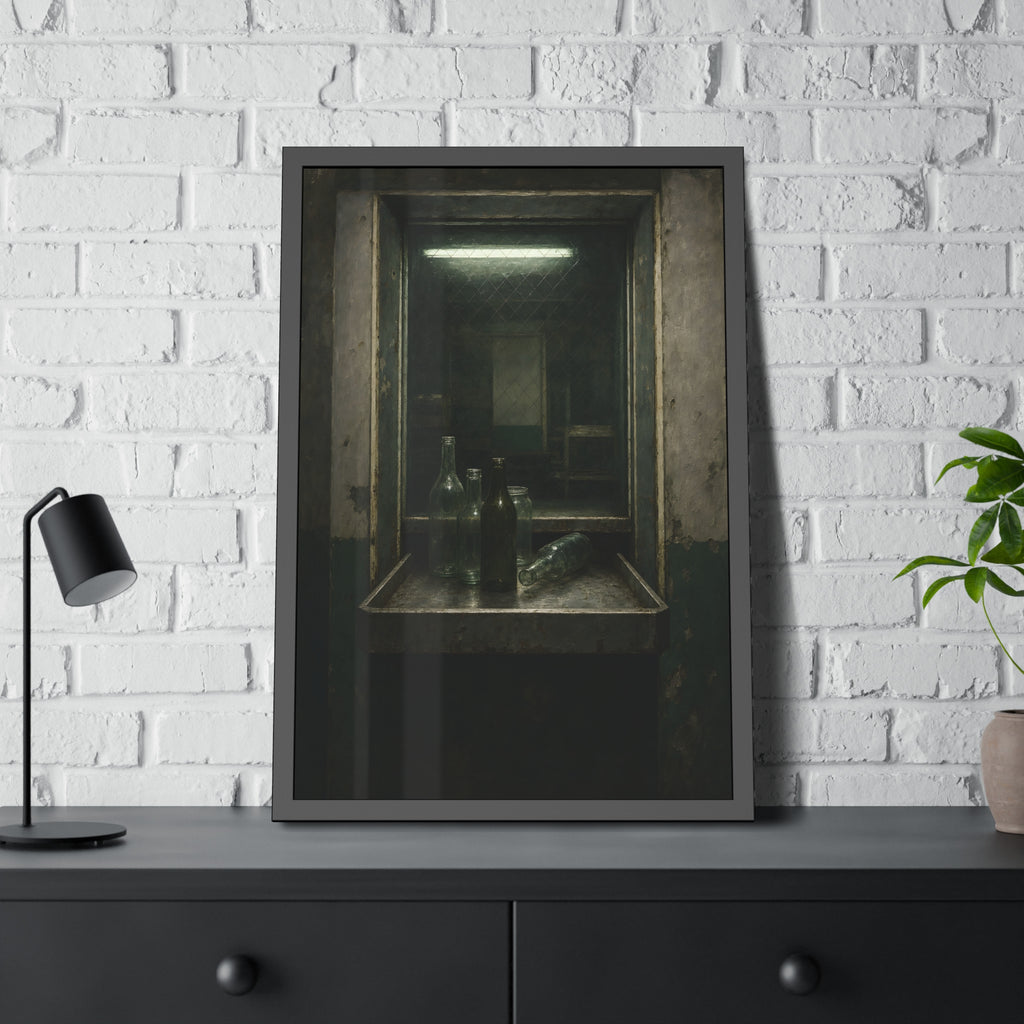 Empty glass bottles on a metal tray at a service window under a fluorescent tube. The Counting Window by Garabaggio, framed fine art print hanging in a room.