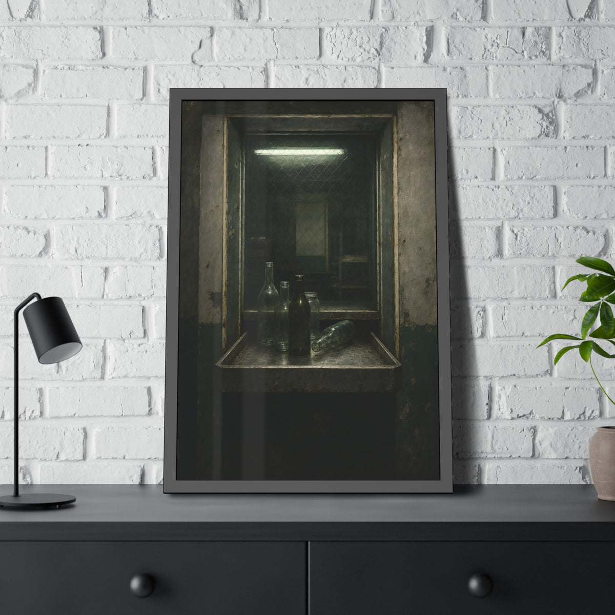 Empty glass bottles on a metal tray at a service window under a fluorescent tube. The Counting Window by Garabaggio, framed fine art print hanging in a room.