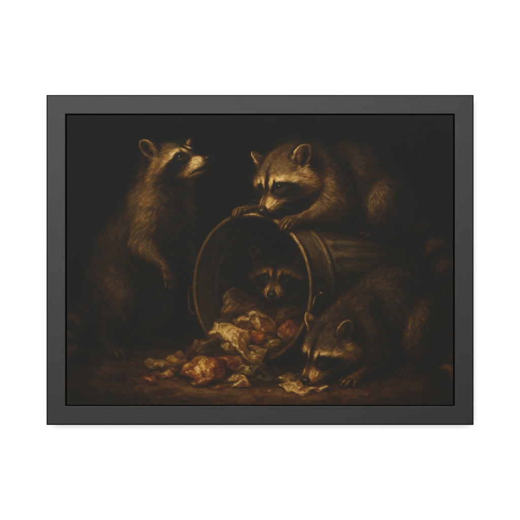 Four raccoons around a tipped metal trash can spilling food scraps. The Crowning with Crumbs by Garabaggio, framed fine art print hanging in a room.