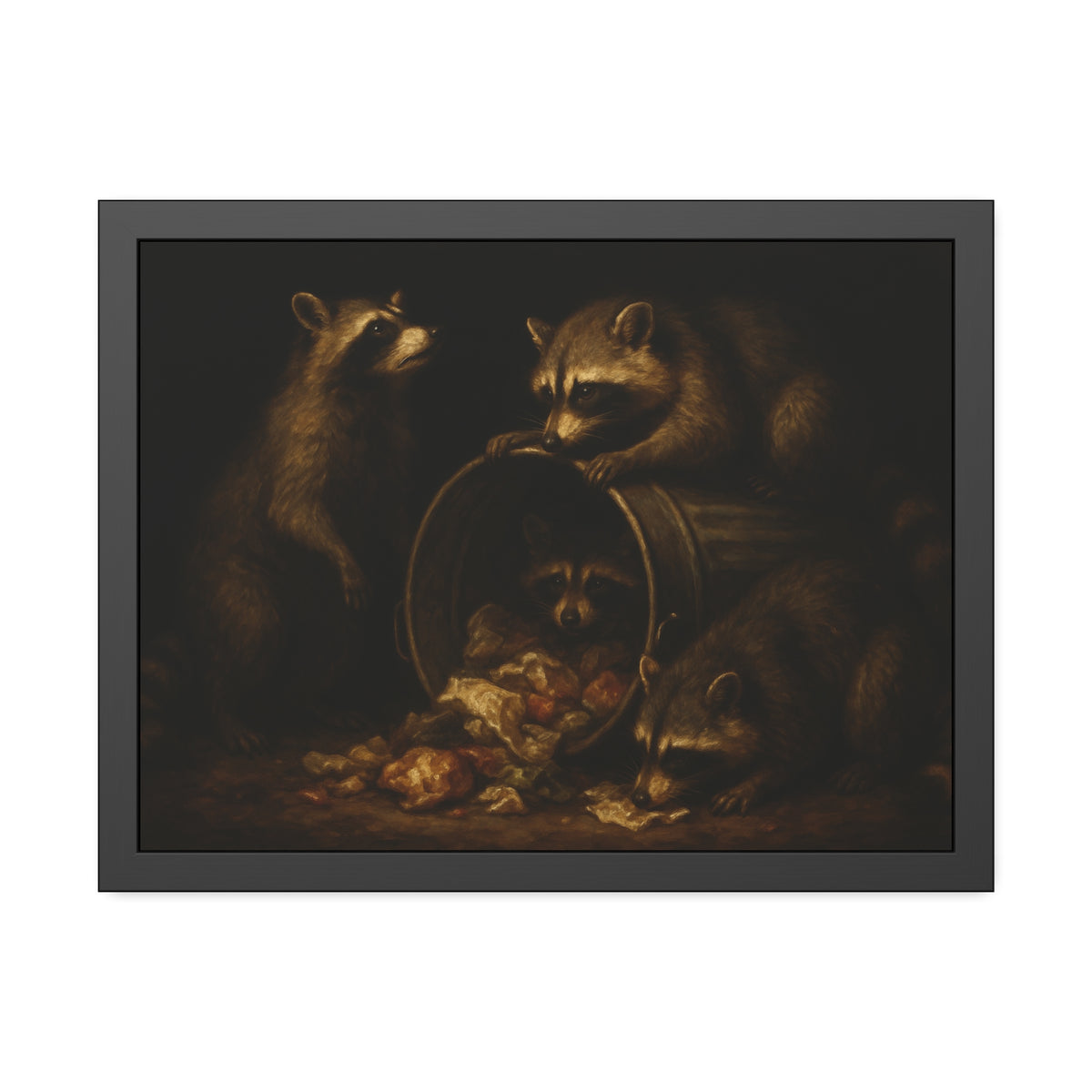 Four raccoons around a tipped metal trash can spilling food scraps. The Crowning with Crumbs by Garabaggio, framed fine art print hanging in a room.