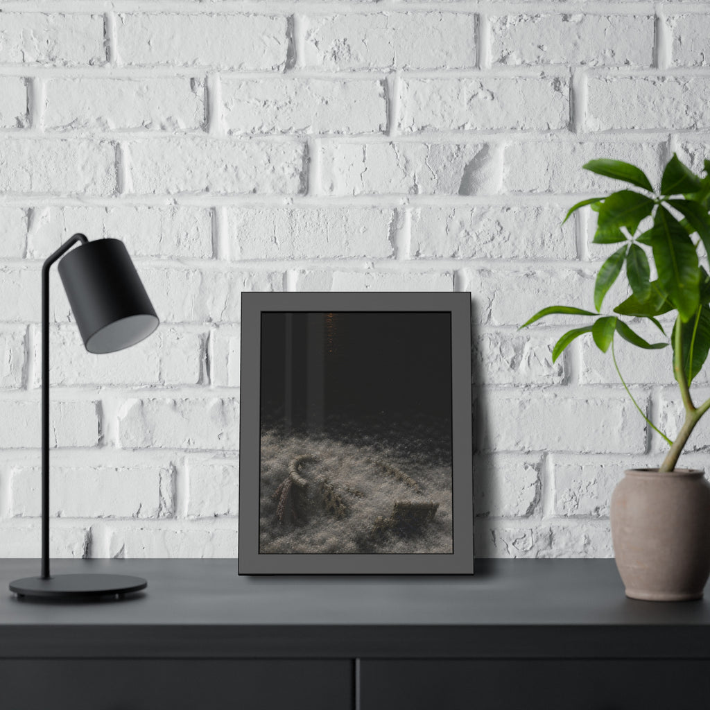 A broken laundry basket half buried in a snowbank under a distant light. Lattice in the Snowbank by Garabaggio, framed fine art print hanging in a room.
