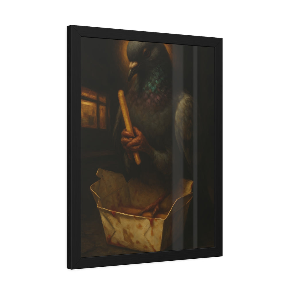 A haloed pigeon holding a french fry over a takeout carton in an alley. Madonna of the Pigeon with Fries by Garabaggio, framed fine art print hanging in a room.