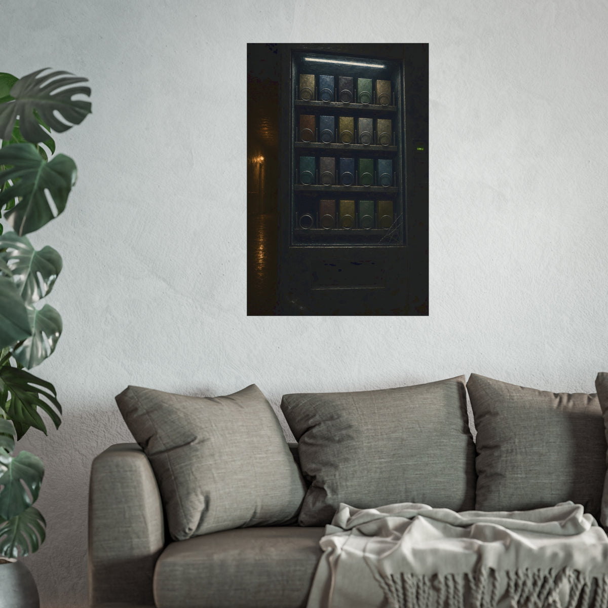 Rows of coils behind the lit glass of a vending machine in a dark hall. The First Empty Spiral by Garabaggio, fine art print hanging in a room.
