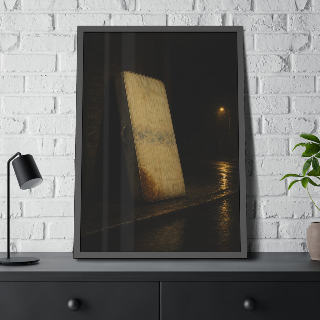 A stained mattress propped on a brick wall along a wet night street. The Presentation Against the Brick by Garabaggio, framed fine art print hanging in a room.