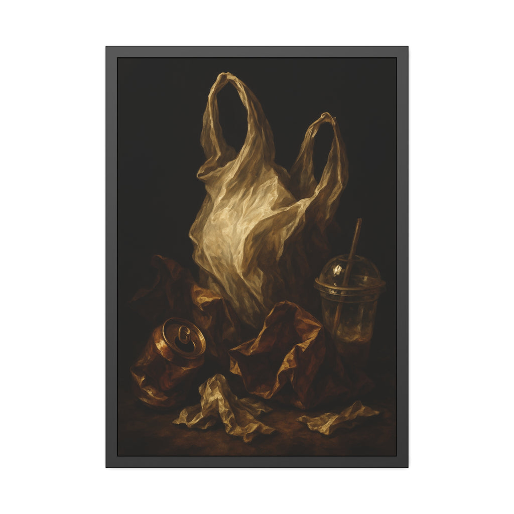 A plastic bag held open above a crushed can and a plastic cup with straw. The Apparition of the Bag by Garabaggio, framed fine art print hanging in a room.