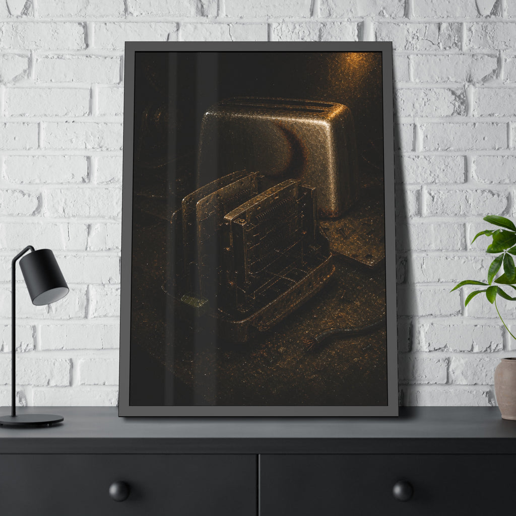 A toaster with its side panel opened to expose the heating elements. The Opening of the Shell by Garabaggio, framed fine art print hanging in a room.