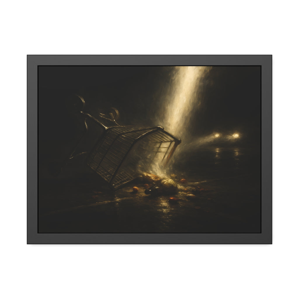 A tipped shopping cart spilling groceries in a shaft of light. The Conversion of the Shopping Cart by Garabaggio, framed fine art print hanging in a room.