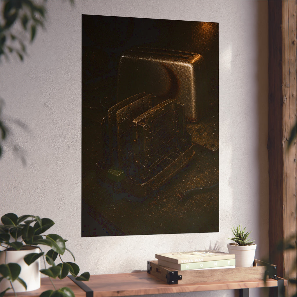 A toaster with its side panel opened to expose the heating elements. The Opening of the Shell by Garabaggio, fine art print hanging in a room.
