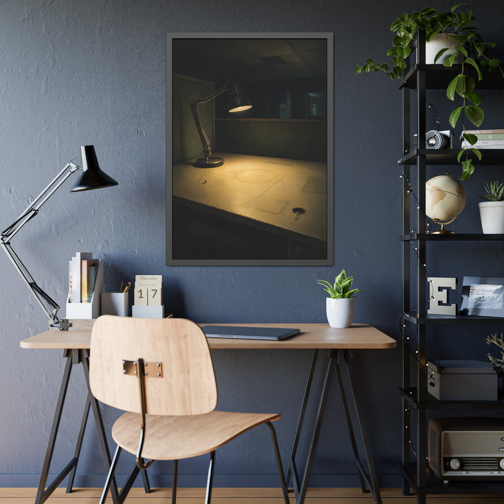 A lit desk lamp on an emptied office desk at night. The Desk Lamp Still Warm by Garabaggio, framed fine art print hanging in a room.