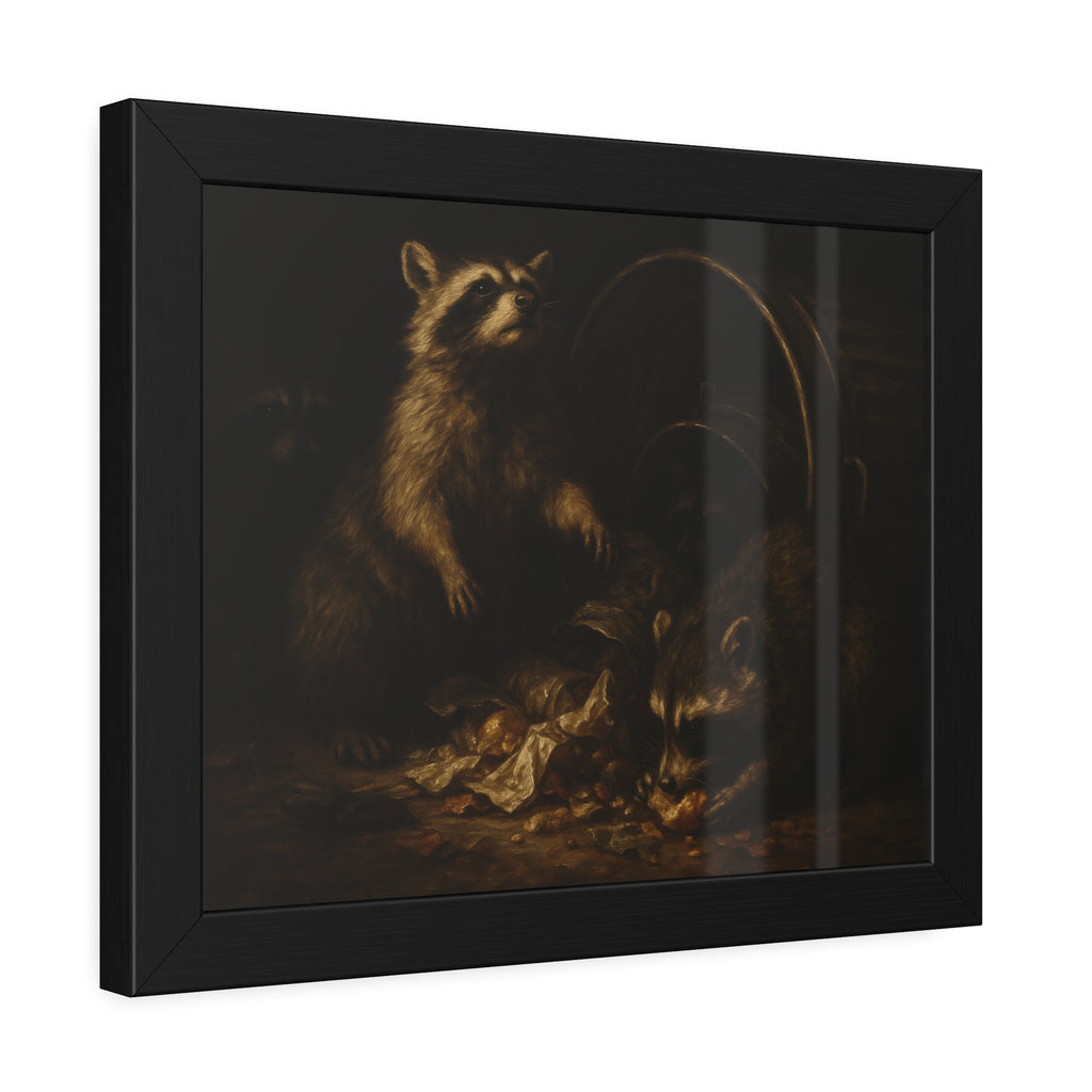 Raccoons feeding on scraps around a tipped metal trash can in the dark. The Calling of St. Trash by Garabaggio, framed fine art print hanging in a room.