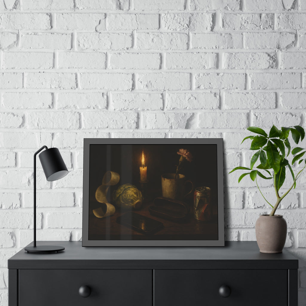A candle, lettuce head, curled receipt and can on a dim table. Vanitas with Receipts and Wilted Lettuce by Garabaggio, framed fine art print hanging in a room.