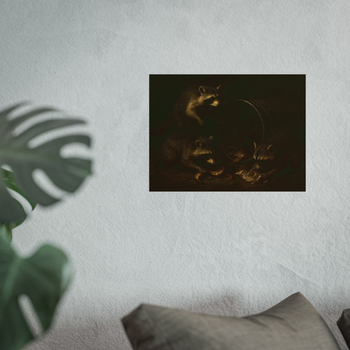 Raccoons at a tipped metal pail, one gnawing a melon rind in the dark. The Supper at the Alleyway by Garabaggio, fine art print hanging in a room.