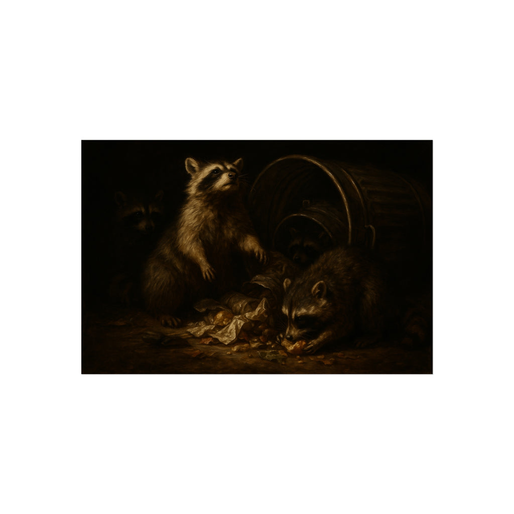Raccoons feeding on scraps around a tipped metal trash can in the dark. The Calling of St. Trash by Garabaggio, fine art print hanging in a room.