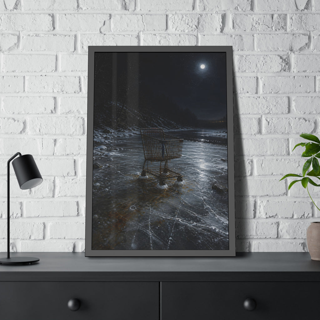 A rusted shopping cart frozen into moonlit river ice. The Wintering in the Ice by Garabaggio, framed fine art print hanging in a room.