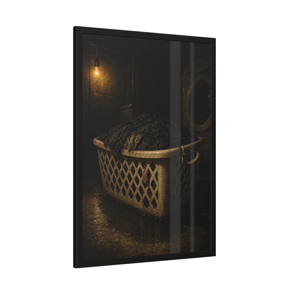 A laundry basket heaped with wet dark clothes under a bare bulb. The Burden of Wet Clothes by Garabaggio, framed fine art print hanging in a room.
