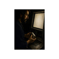 A bearded man holding a dented can before a lit checkout screen. The Item Without Recognition by Garabaggio, fine art print, 12″ x 16″.