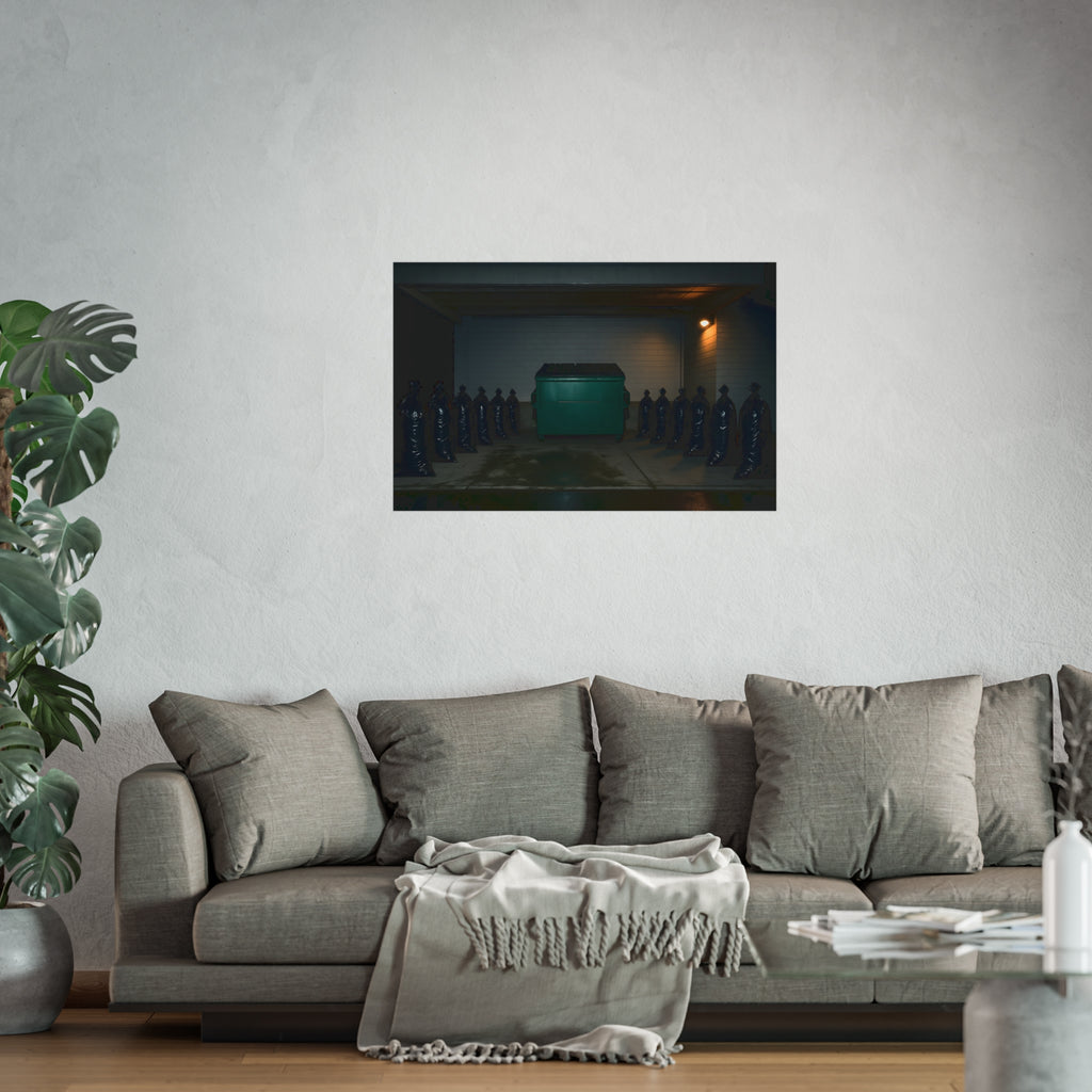 A green dumpster flanked by rows of black garbage bags under a lamp. Night Watch of the Loading Dock by Garabaggio, fine art print hanging in a room.