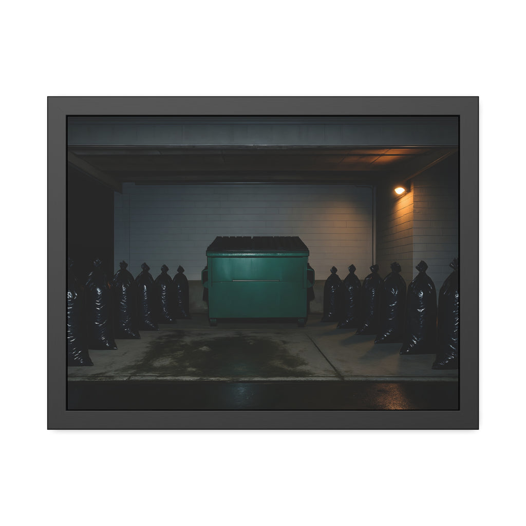 A green dumpster flanked by rows of black garbage bags under a lamp. Night Watch of the Loading Dock by Garabaggio, framed fine art print hanging in a room.