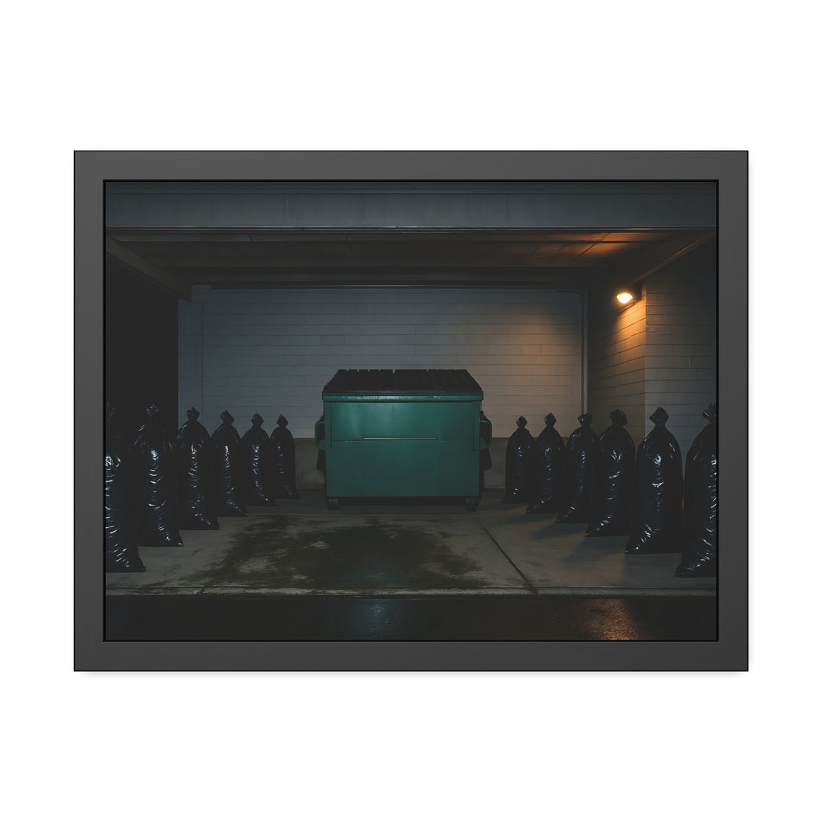 A green dumpster flanked by rows of black garbage bags under a lamp. Night Watch of the Loading Dock by Garabaggio, framed fine art print hanging in a room.