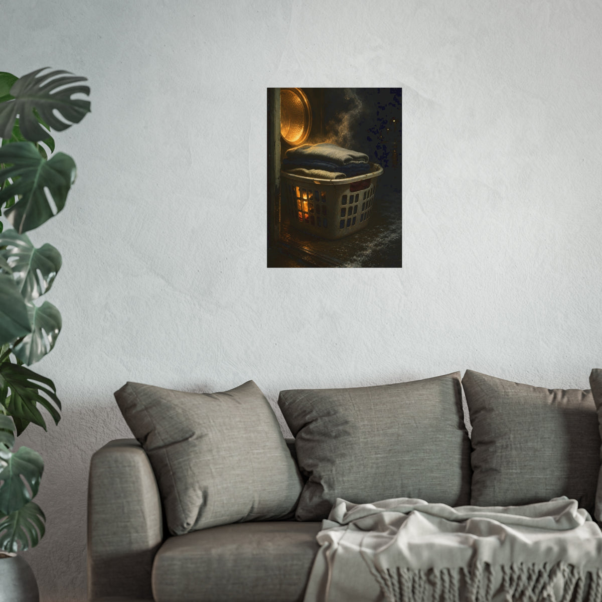 A laundry basket of folded clothes glowing in front of an open dryer. The Warm Clothes Against the Cold by Garabaggio, fine art print hanging in a room.